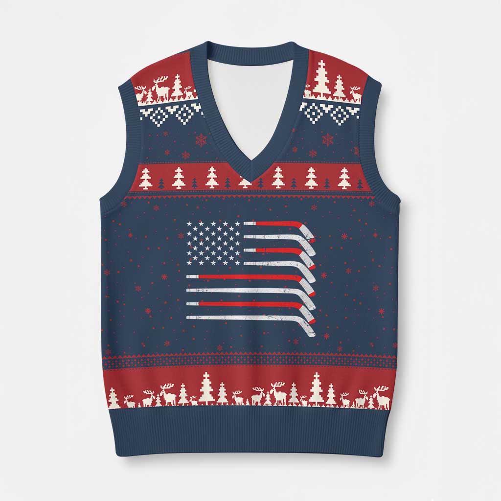 USA Flag Hockey V-Neck Knit Sweater Vest Patriotic Hockey Stick American Flags TS02 Navy Red Print Your Wear