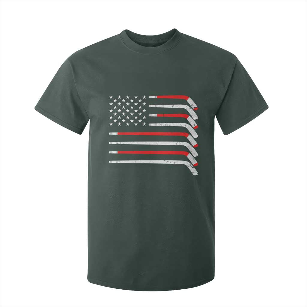 USA Flag Hockey T Shirt For Kid Patriotic Hockey Stick American Flags TS02 Dark Forest Green Print Your Wear