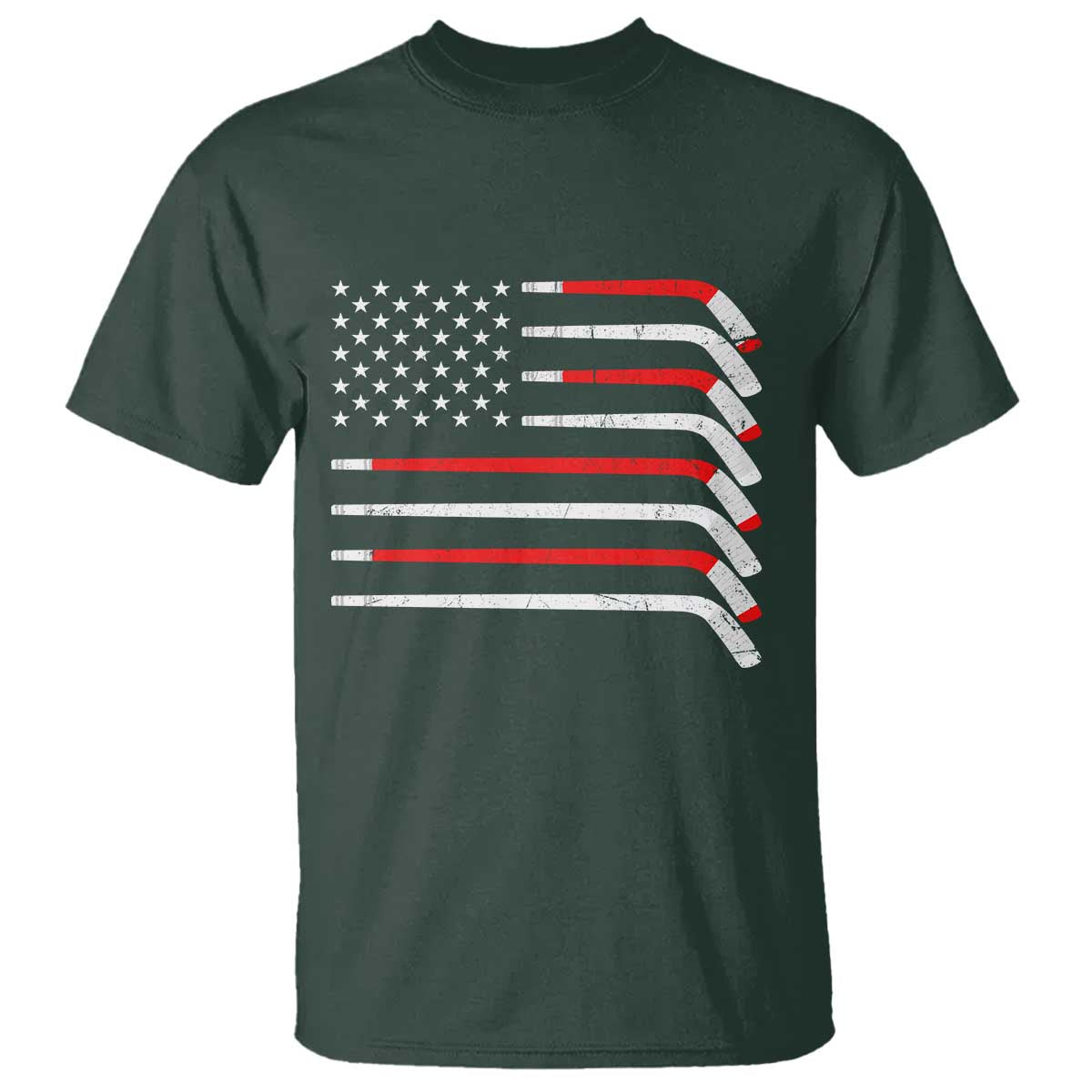 USA Flag Hockey T Shirt - Patriotic Hockey Stick American Flag Pride Tee TS02 Dark Forest Green Print Your Wear