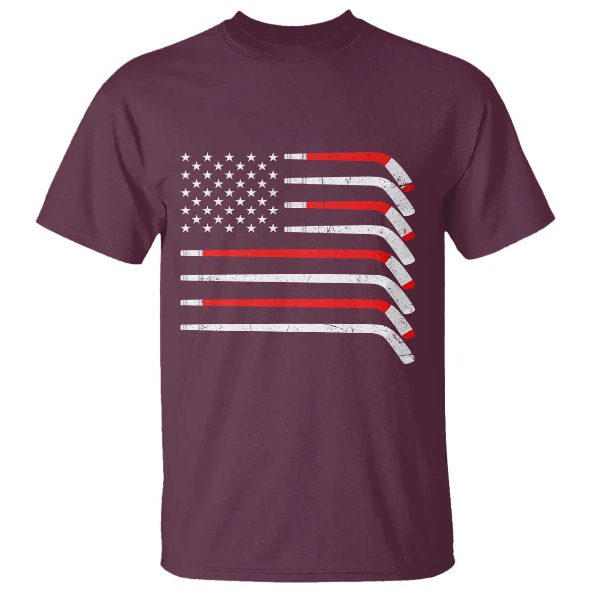 USA Flag Hockey T Shirt - Patriotic Hockey Stick American Flag Pride Tee TS02 Maroon Print Your Wear