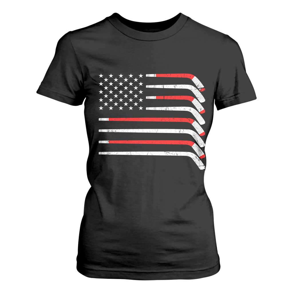 USA Flag Hockey T Shirt For Women Patriotic Hockey Stick American Flags TS02 Black Print Your Wear