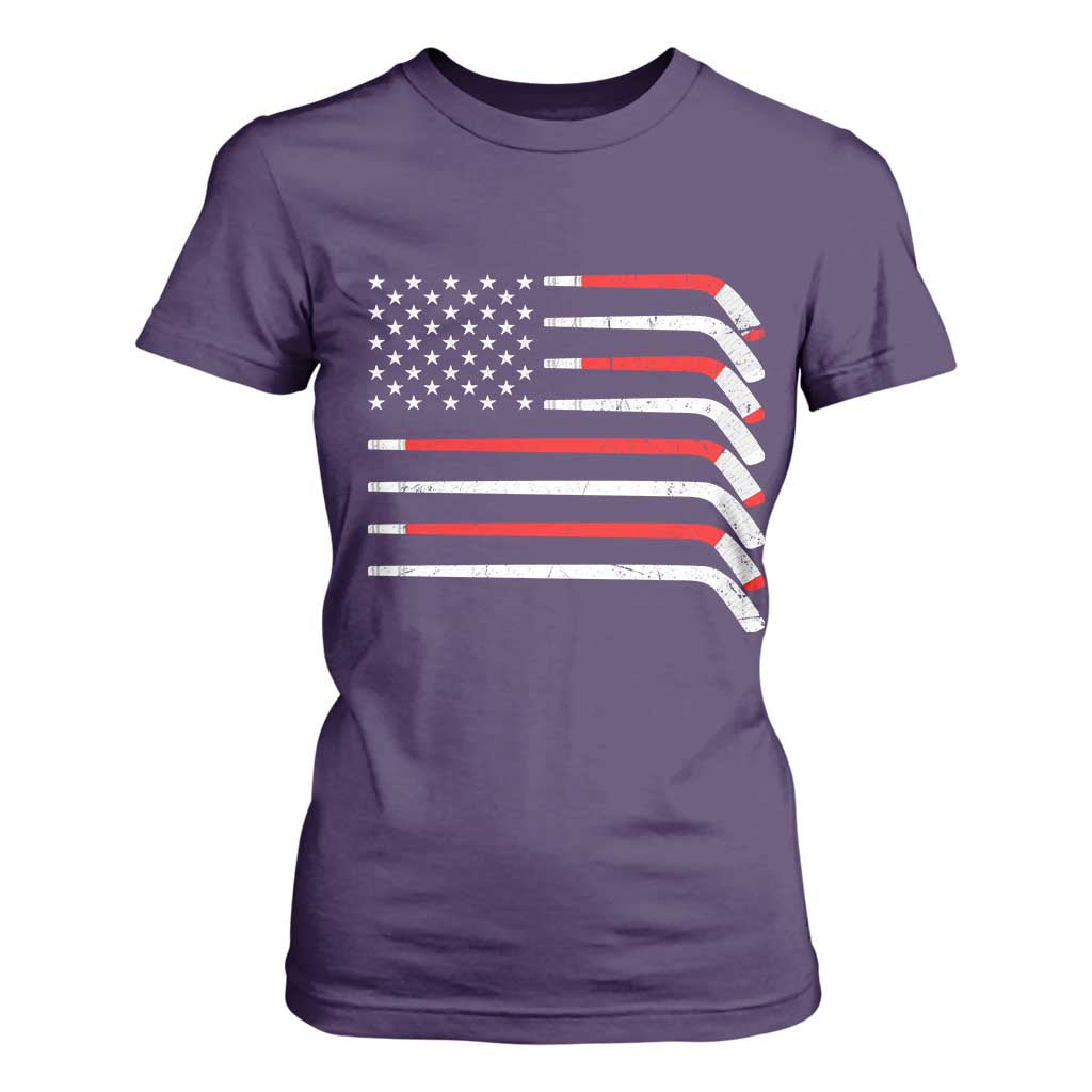 USA Flag Hockey T Shirt For Women Patriotic Hockey Stick American Flags TS02 Purple Print Your Wear