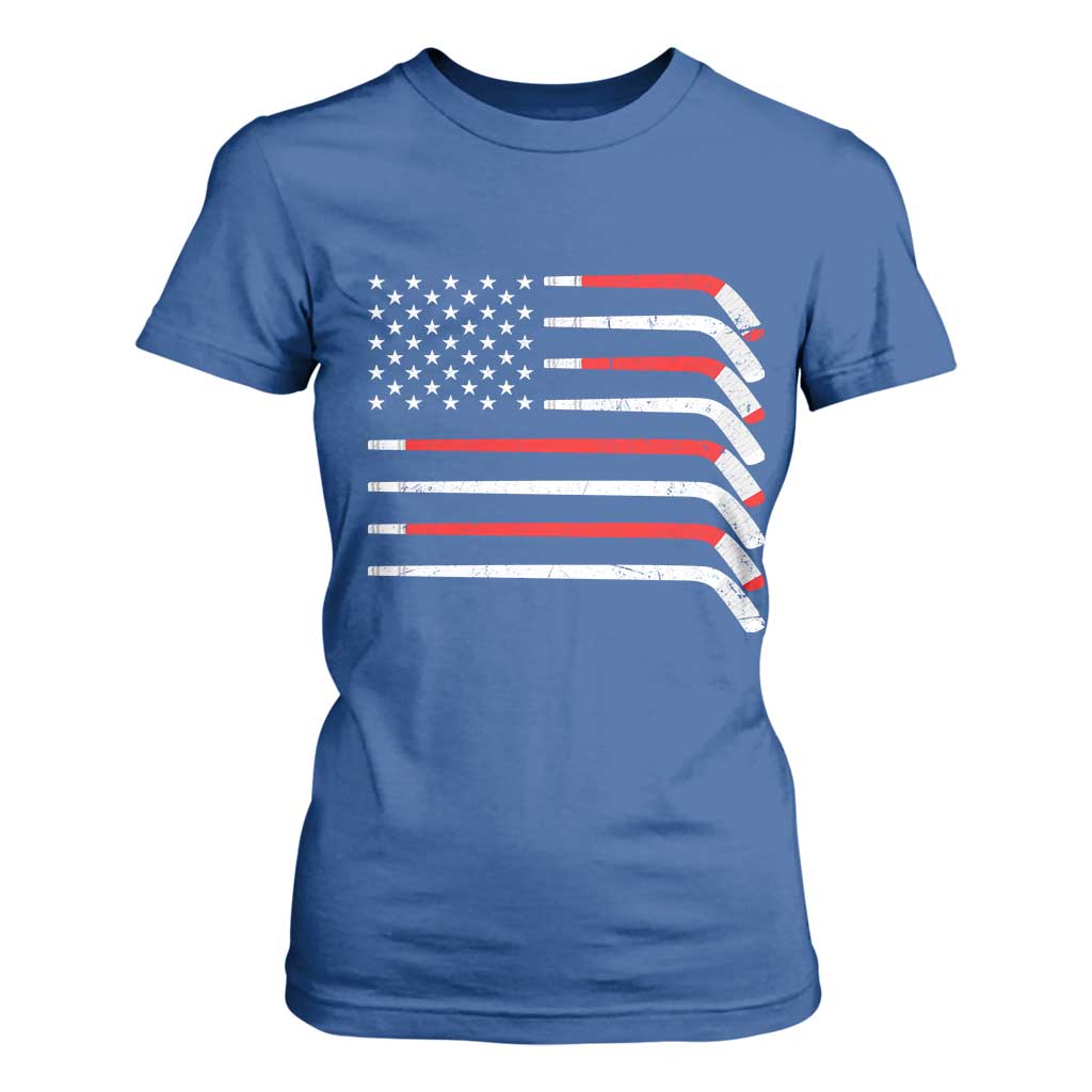 USA Flag Hockey T Shirt For Women Patriotic Hockey Stick American Flags TS02 Royal Blue Print Your Wear