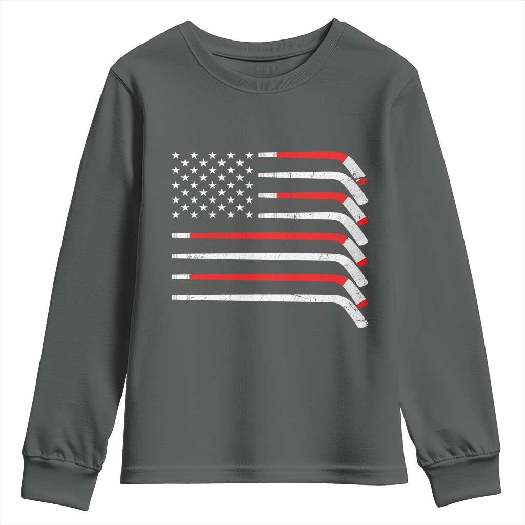 USA Flag Hockey Youth Sweatshirt Patriotic Hockey Stick American Flags TS02 Dark Heather Print Your Wear