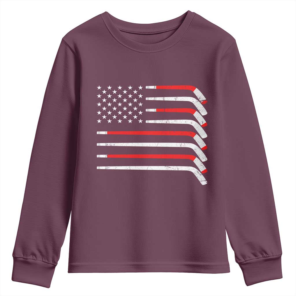 USA Flag Hockey Youth Sweatshirt Patriotic Hockey Stick American Flags TS02 Maroon Print Your Wear