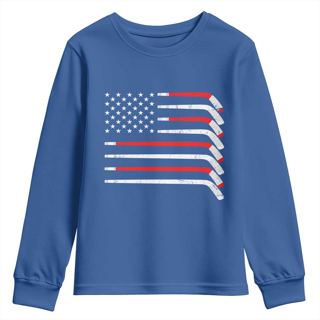 USA Flag Hockey Youth Sweatshirt Patriotic Hockey Stick American Flags TS02 Royal Blue Print Your Wear