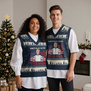 USA Flag Hockey Trump V-Neck Knit Sweater Vest Don't Play With The USA TS02 Navy Beige Print Your Wear
