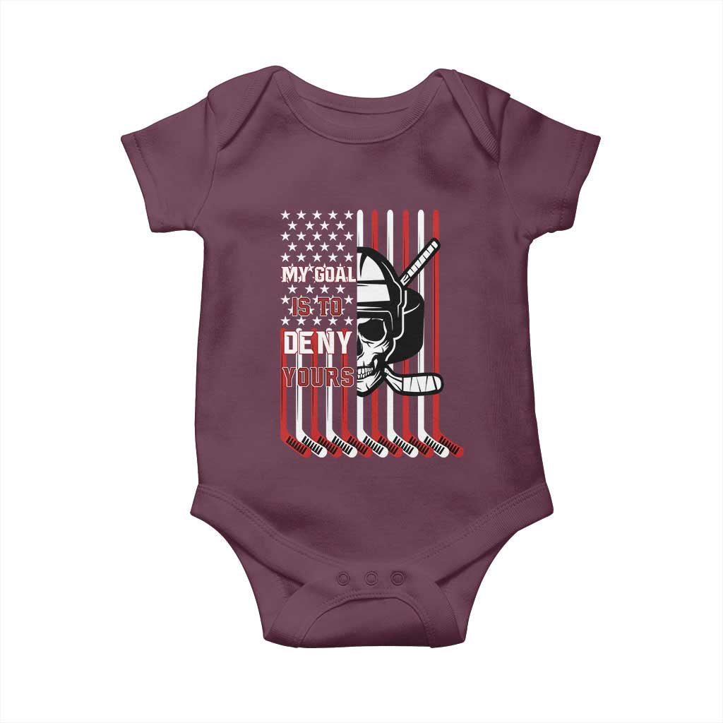 USA Flag Hockey Baby Onesie Skull Player My Goal Is To Deny Yours TS02 Maroon Print Your Wear