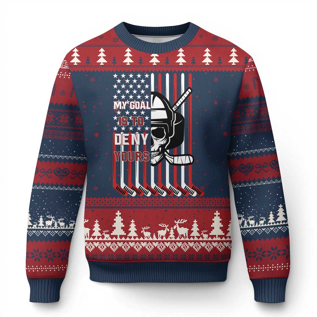 USA Flag Hockey Ugly Christmas Sweater Skull Player My Goal Is To Deny Yours TS02 Navy Red Print Your Wear