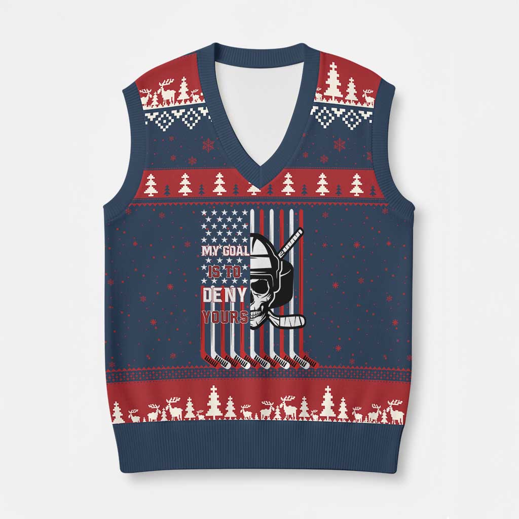 USA Flag Hockey V-Neck Knit Sweater Vest Skull Player My Goal Is To Deny Yours TS02 Navy Red Print Your Wear