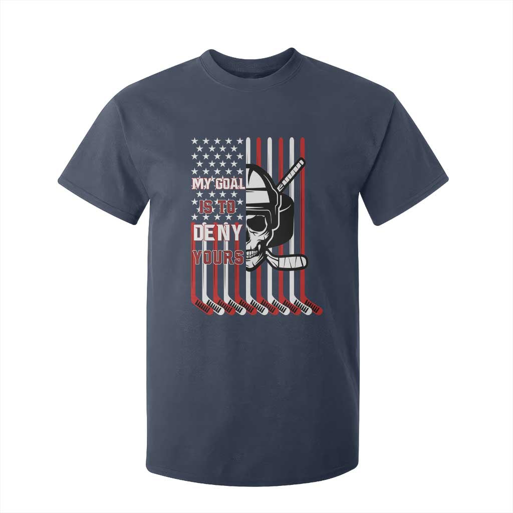 USA Flag Hockey T Shirt For Kid Skull Player My Goal Is To Deny Yours TS02 Navy Print Your Wear
