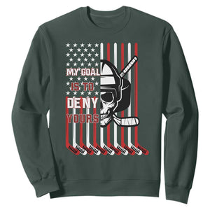 USA Flag Hockey Sweatshirt Skull Player My Goal Is To Deny Yours TS02 Dark Forest Green Print Your Wear