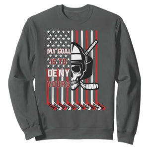 USA Flag Hockey Sweatshirt Skull Player My Goal Is To Deny Yours TS02 Dark Heather Print Your Wear