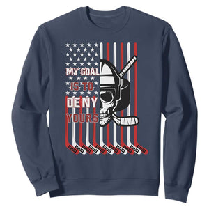 USA Flag Hockey Sweatshirt Skull Player My Goal Is To Deny Yours TS02 Navy Print Your Wear