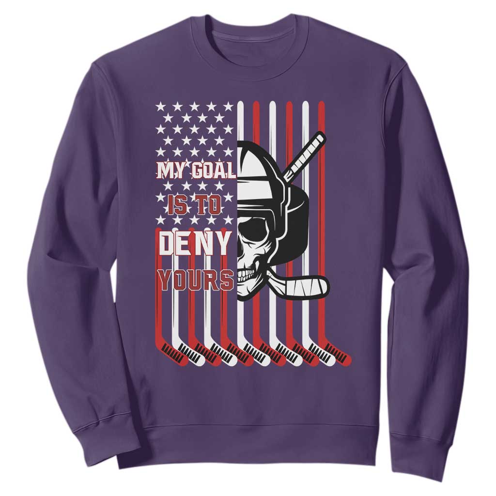 USA Flag Hockey Sweatshirt Skull Player My Goal Is To Deny Yours TS02 Purple Print Your Wear