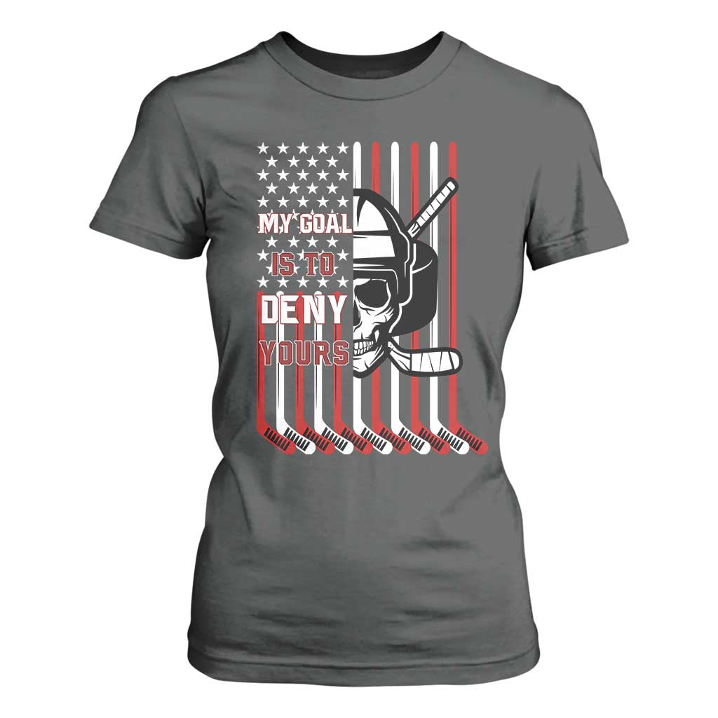 USA Flag Hockey T Shirt For Women Skull Player My Goal Is To Deny Yours TS02 Dark Heather Print Your Wear