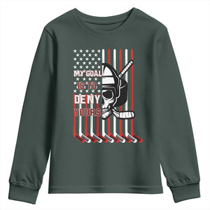 USA Flag Hockey Youth Sweatshirt Skull Player My Goal Is To Deny Yours TS02 Dark Forest Green Print Your Wear