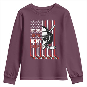 USA Flag Hockey Youth Sweatshirt Skull Player My Goal Is To Deny Yours TS02 Maroon Print Your Wear