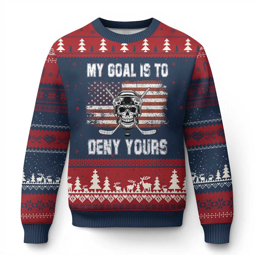 USA Flag Hockey Skull Ugly Christmas Sweater My Goal Is To Deny Yours TS02 Navy Red Print Your Wear