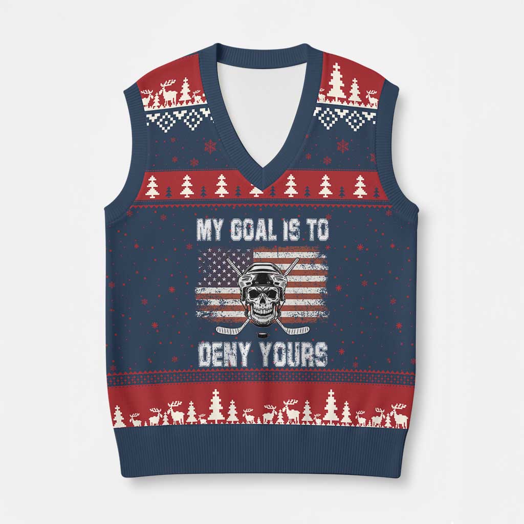 USA Flag Hockey Skull V-Neck Knit Sweater Vest My Goal Is To Deny Yours TS02 Navy Red Print Your Wear