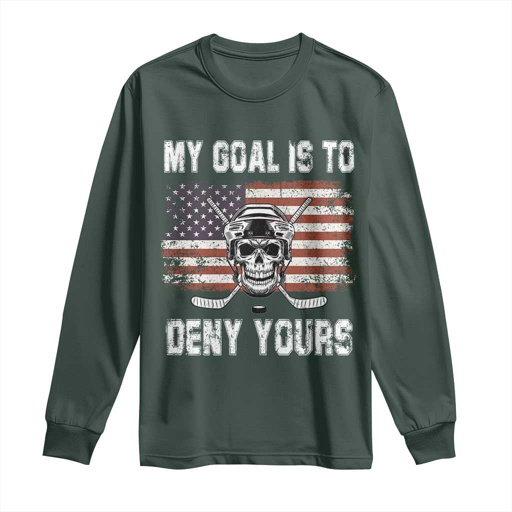 USA Flag Hockey Skull Long Sleeve Shirt My Goal Is To Deny Yours TS02 Dark Forest Green Print Your Wear
