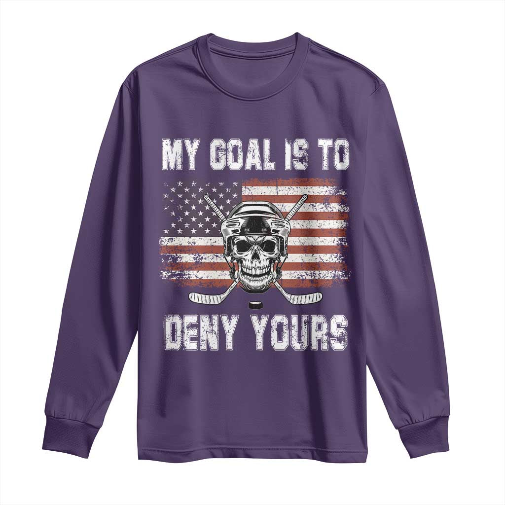 USA Flag Hockey Skull Long Sleeve Shirt My Goal Is To Deny Yours TS02 Purple Print Your Wear