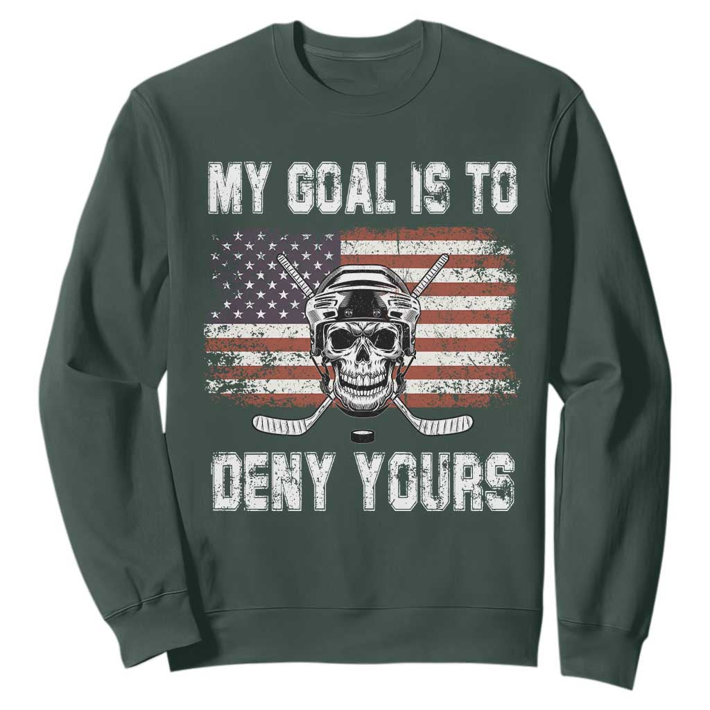 USA Flag Hockey Skull Sweatshirt My Goal Is To Deny Yours TS02 Dark Forest Green Print Your Wear