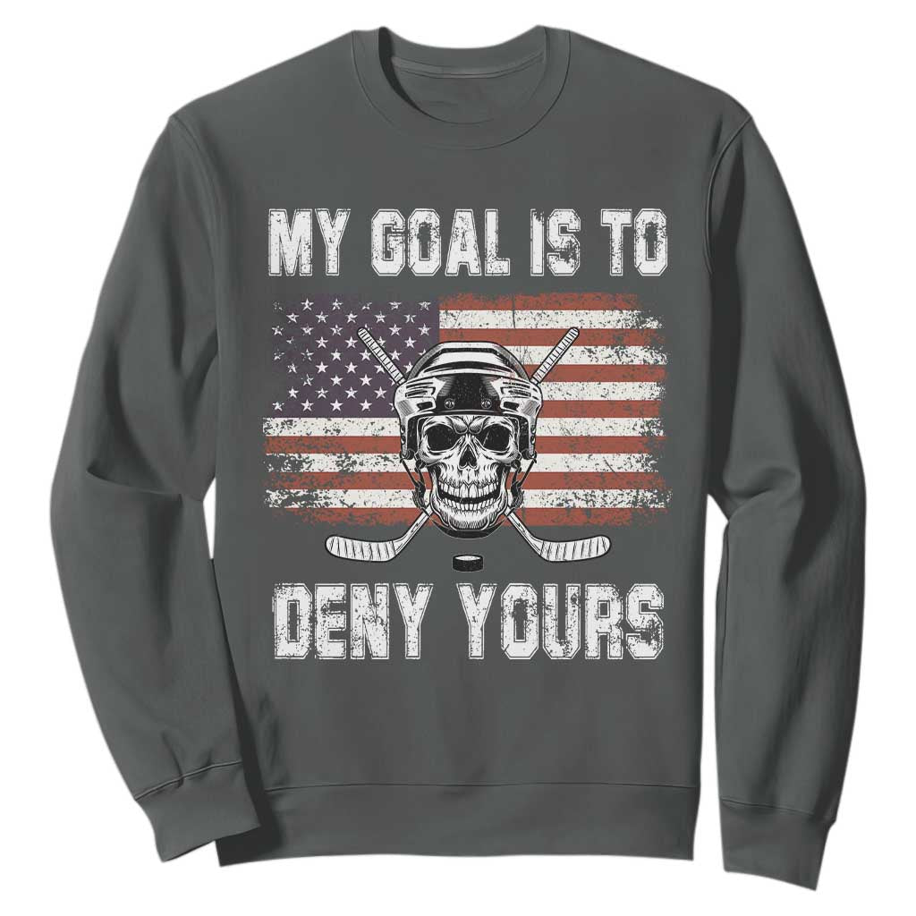 USA Flag Hockey Skull Sweatshirt My Goal Is To Deny Yours TS02 Dark Heather Print Your Wear