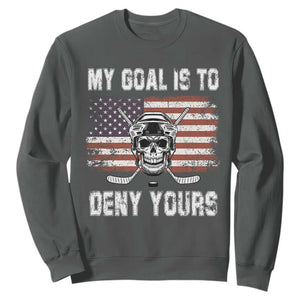 USA Flag Hockey Skull Sweatshirt My Goal Is To Deny Yours TS02 Dark Heather Print Your Wear