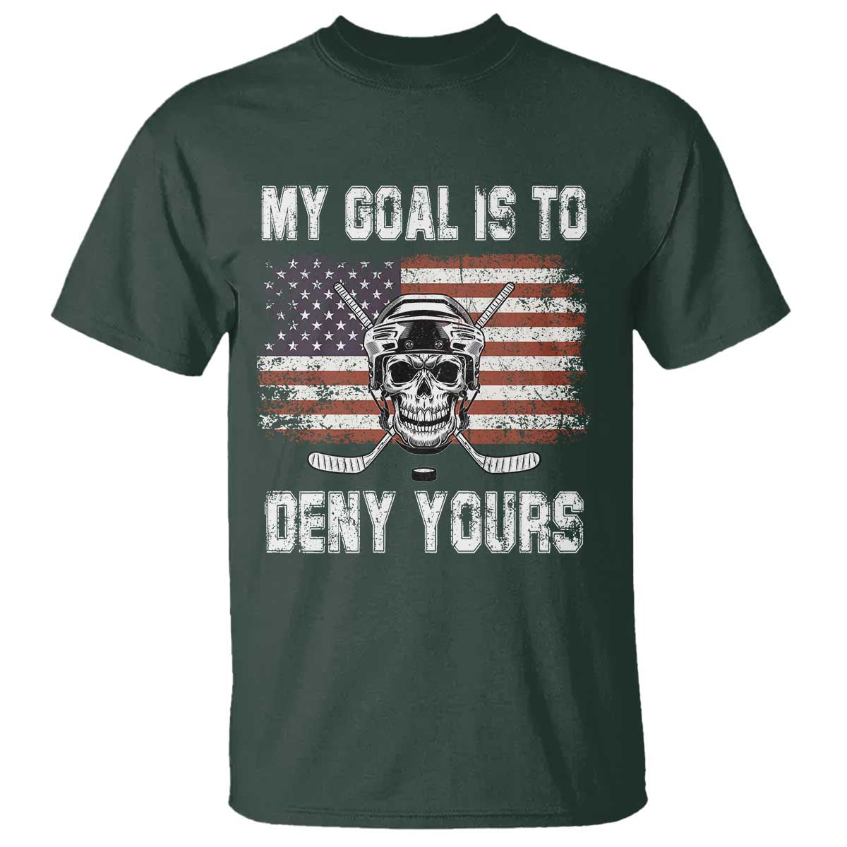 USA Flag Hockey Skull T Shirt My Goal Is To Deny Yours TS02 Dark Forest Green Print Your Wear