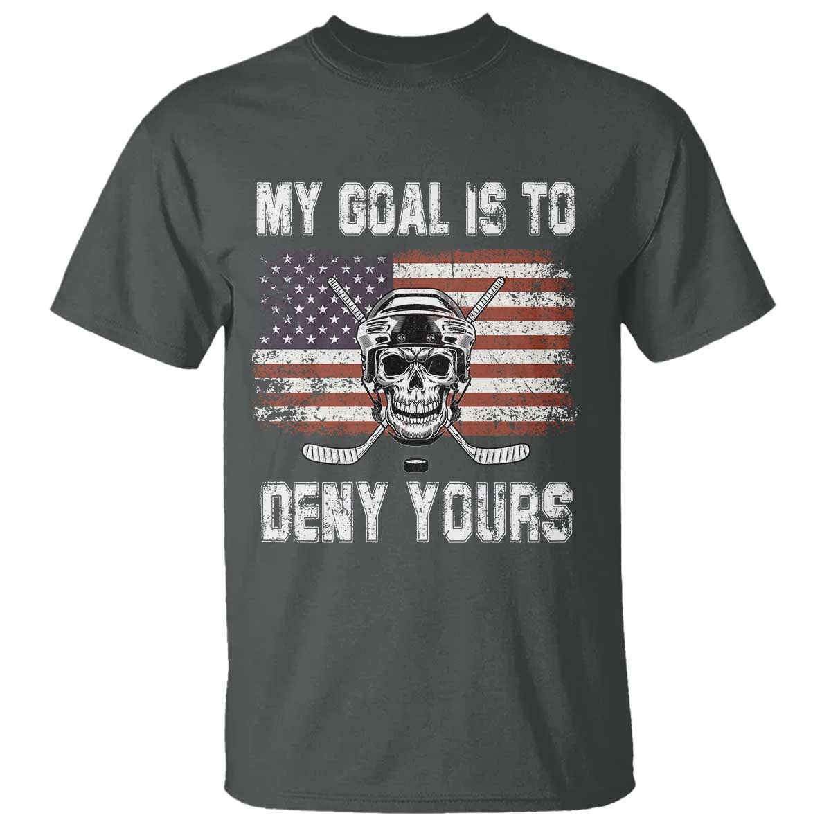 USA Flag Hockey Skull T Shirt My Goal Is To Deny Yours TS02 Dark Heather Print Your Wear
