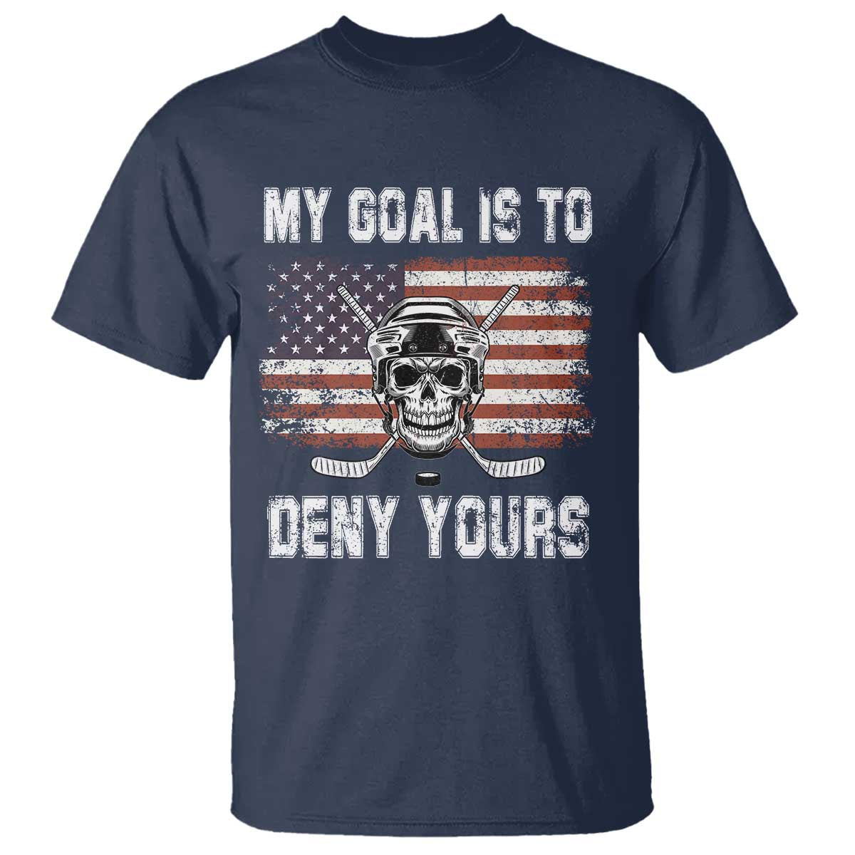USA Flag Hockey Skull T Shirt My Goal Is To Deny Yours TS02 Navy Print Your Wear