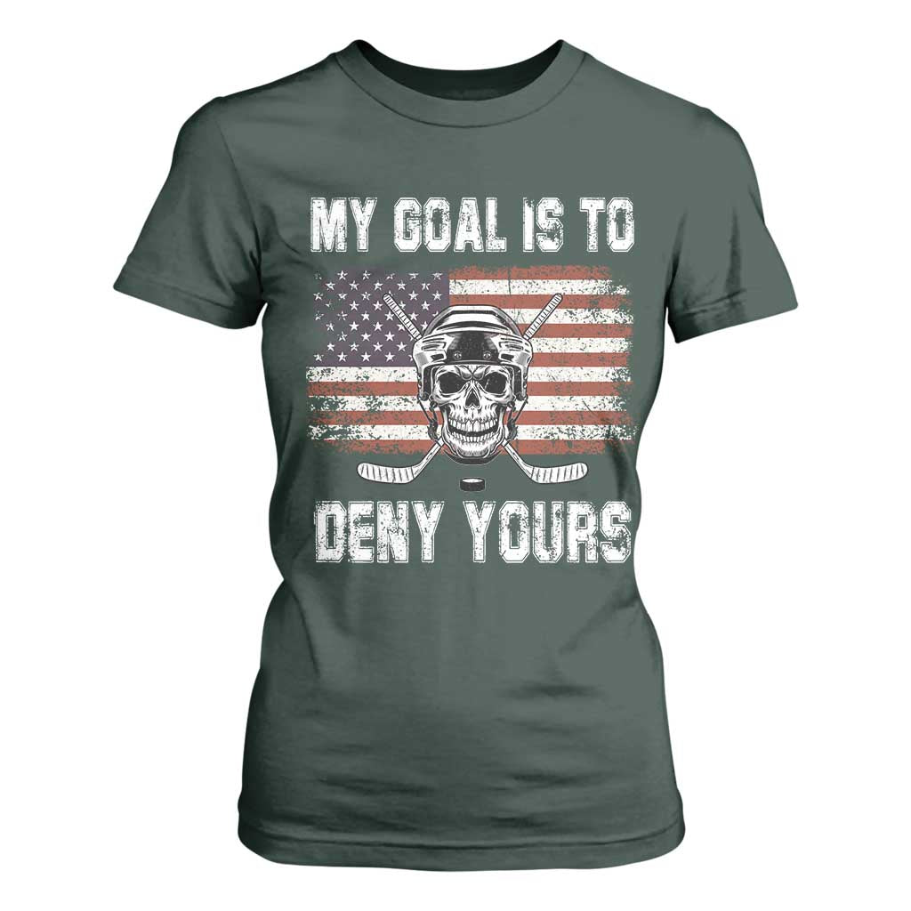 USA Flag Hockey Skull T Shirt For Women My Goal Is To Deny Yours TS02 Dark Forest Green Print Your Wear