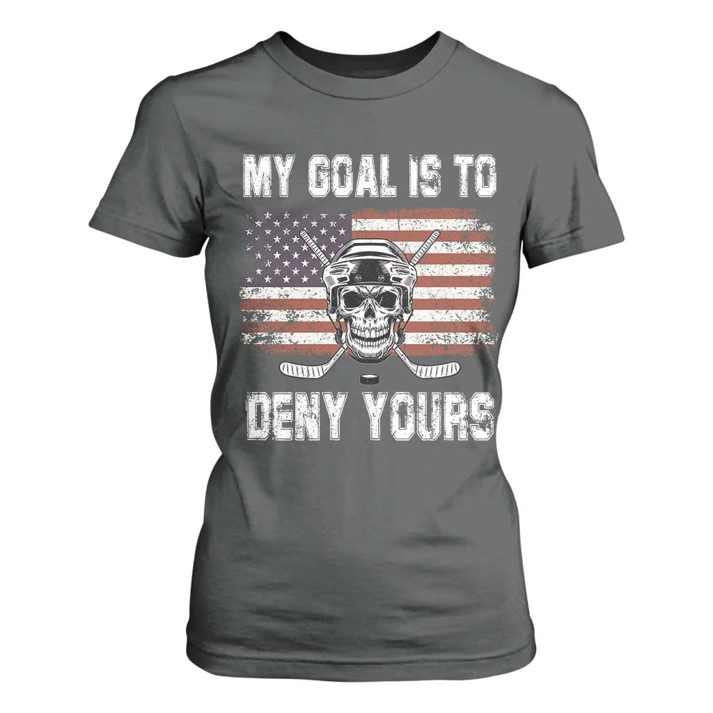 USA Flag Hockey Skull T Shirt For Women My Goal Is To Deny Yours TS02 Dark Heather Print Your Wear