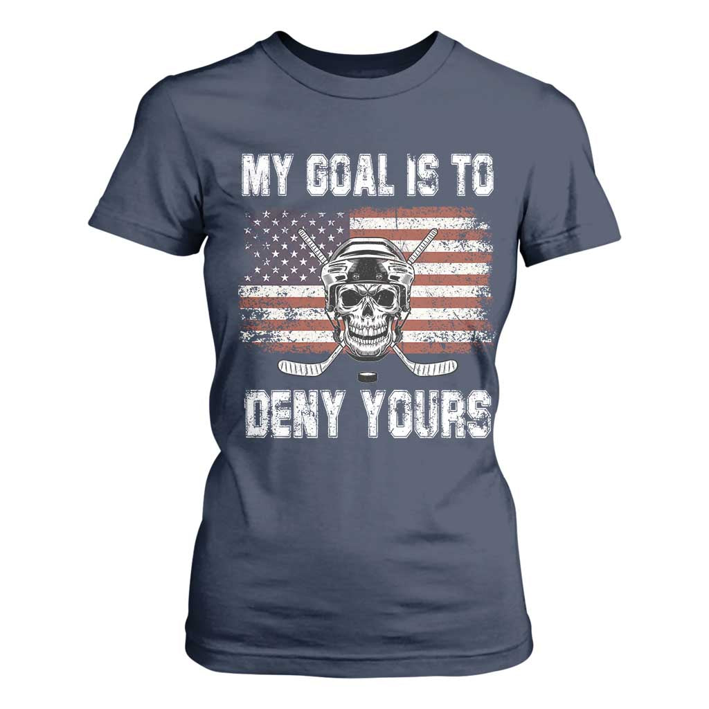 USA Flag Hockey Skull T Shirt For Women My Goal Is To Deny Yours TS02 Navy Print Your Wear