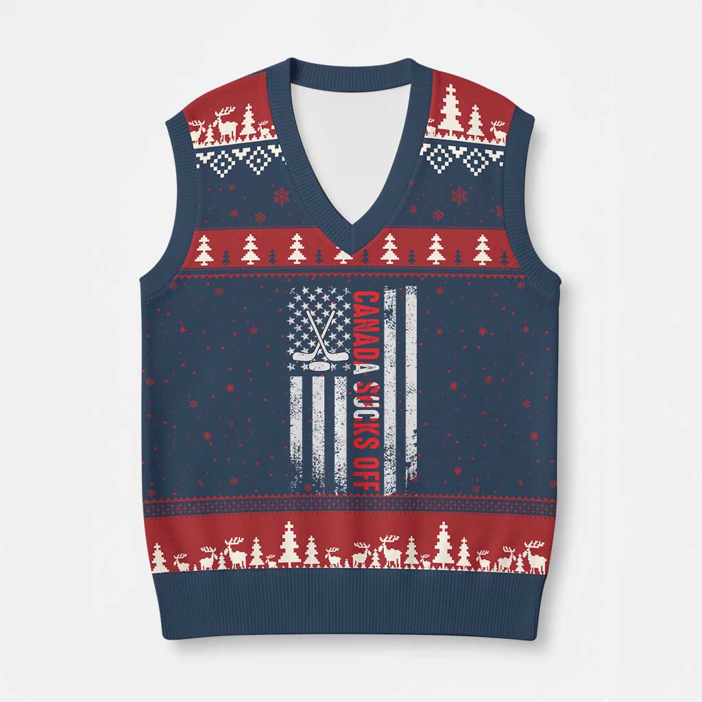 USA Flag Hockey V-Neck Knit Sweater Vest Funny Canada Sucks US EH American Flag TS02 Navy Red Print Your Wear