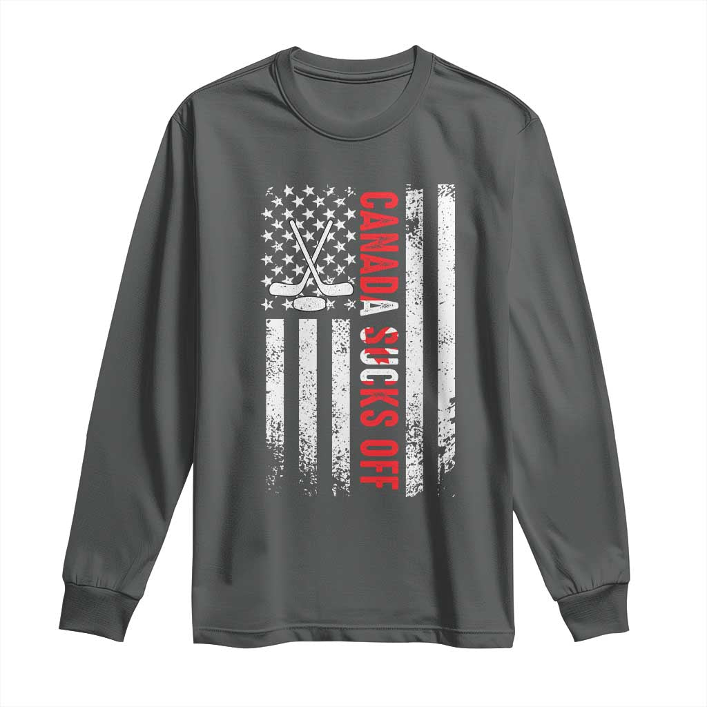 USA Flag Hockey Long Sleeve Shirt Funny Canada Sucks US EH American Flag TS02 Dark Heather Print Your Wear