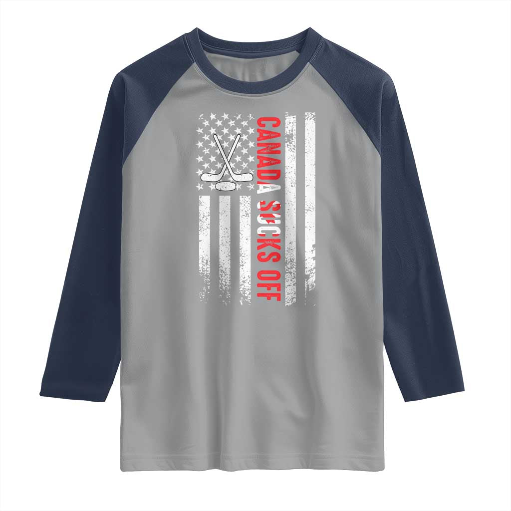 USA Flag Hockey Raglan Shirt Funny Canada Sucks US EH American Flag TS02 Sport Gray Navy Print Your Wear