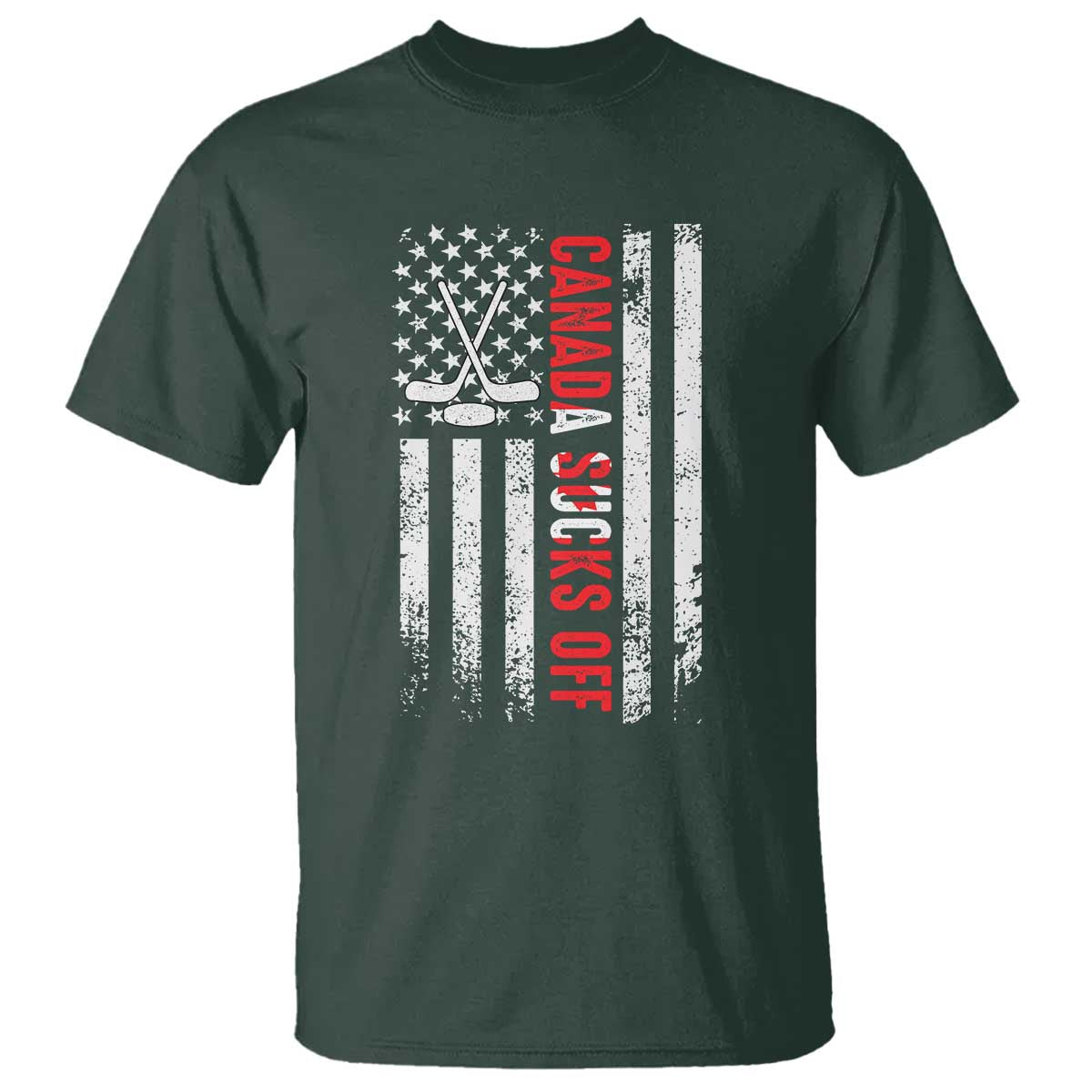USA Flag Hockey T Shirt Funny Canada Sucks US EH American Flag TS02 Dark Forest Green Print Your Wear