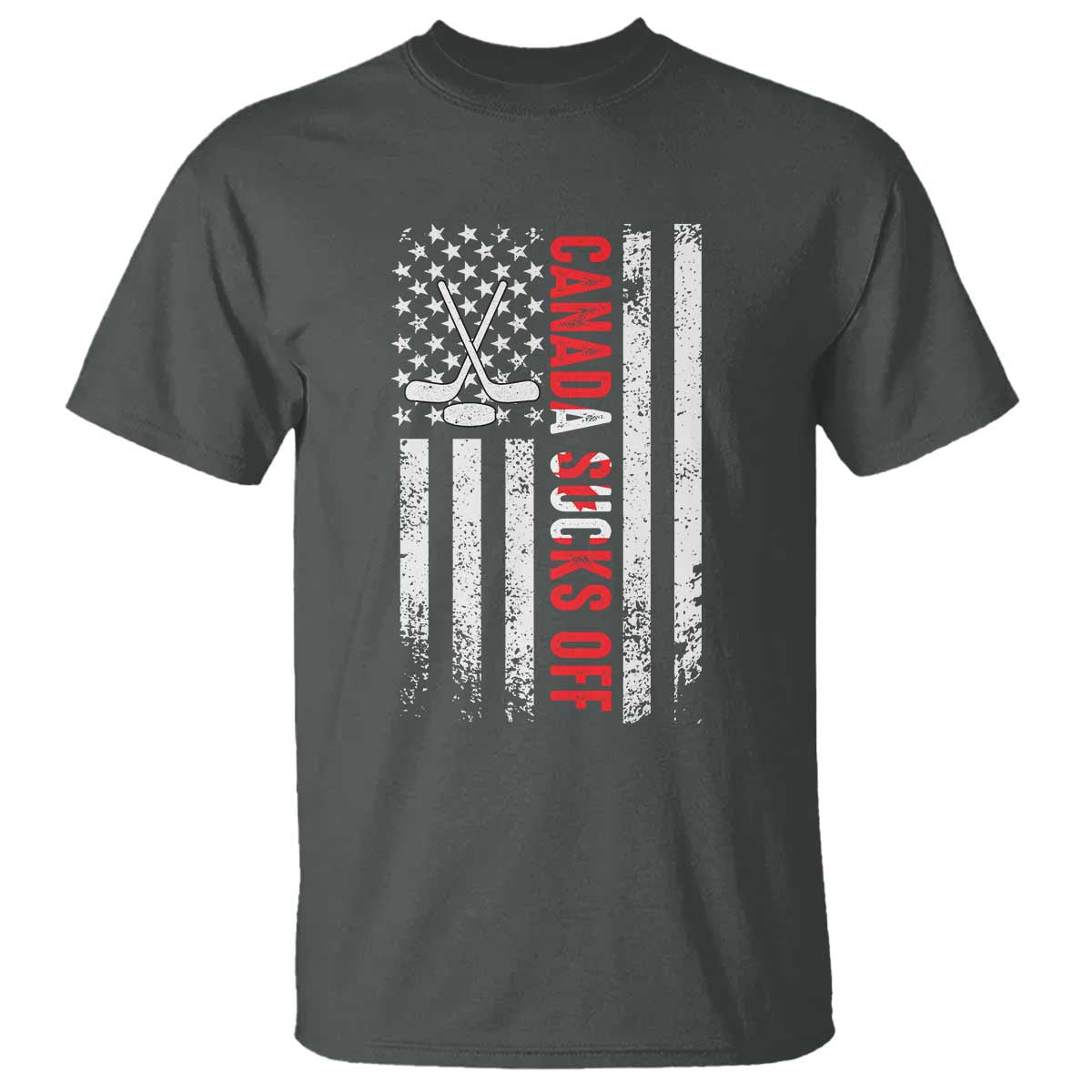 USA Flag Hockey T Shirt Funny Canada Sucks US EH American Flag TS02 Dark Heather Print Your Wear