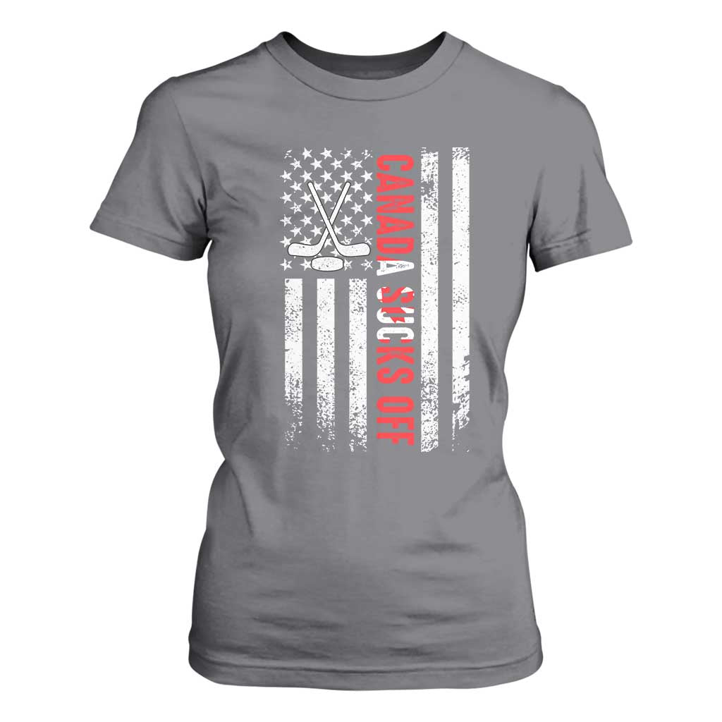 USA Flag Hockey T Shirt For Women Funny Canada Sucks US EH American Flag TS02 Charcoal Print Your Wear