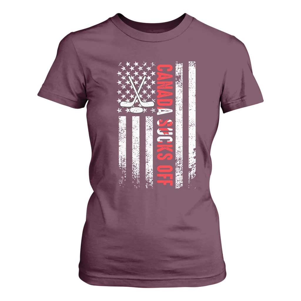 USA Flag Hockey T Shirt For Women Funny Canada Sucks US EH American Flag TS02 Maroon Print Your Wear