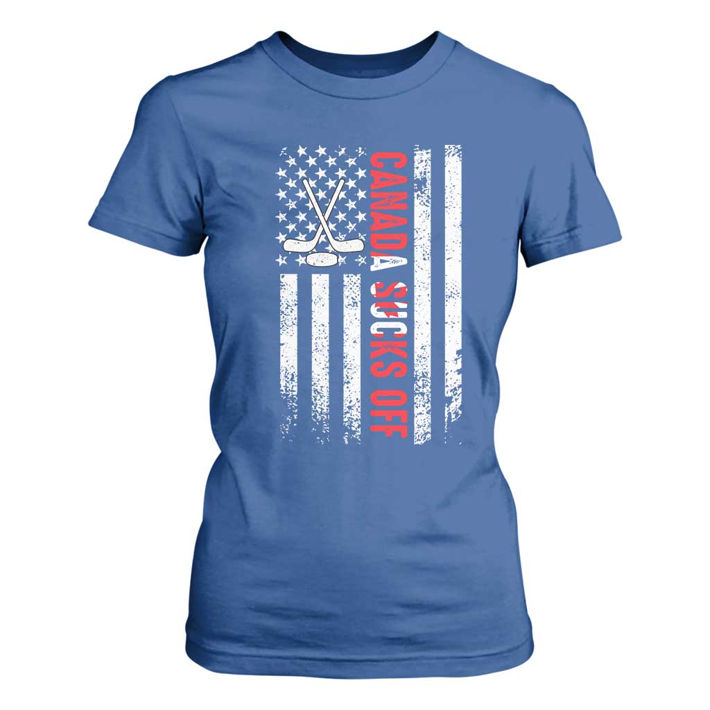USA Flag Hockey T Shirt For Women Funny Canada Sucks US EH American Flag TS02 Royal Blue Print Your Wear