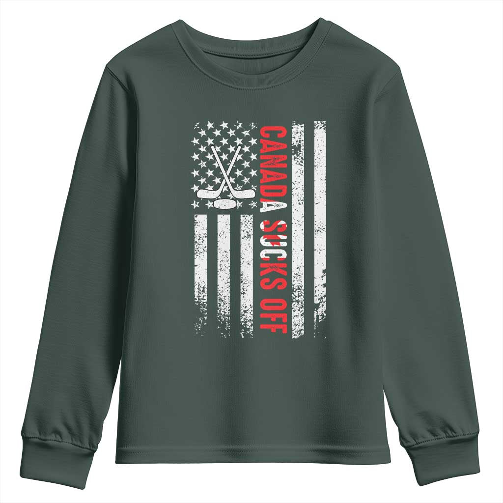 USA Flag Hockey Youth Sweatshirt Funny Canada Sucks US EH American Flag TS02 Dark Forest Green Print Your Wear
