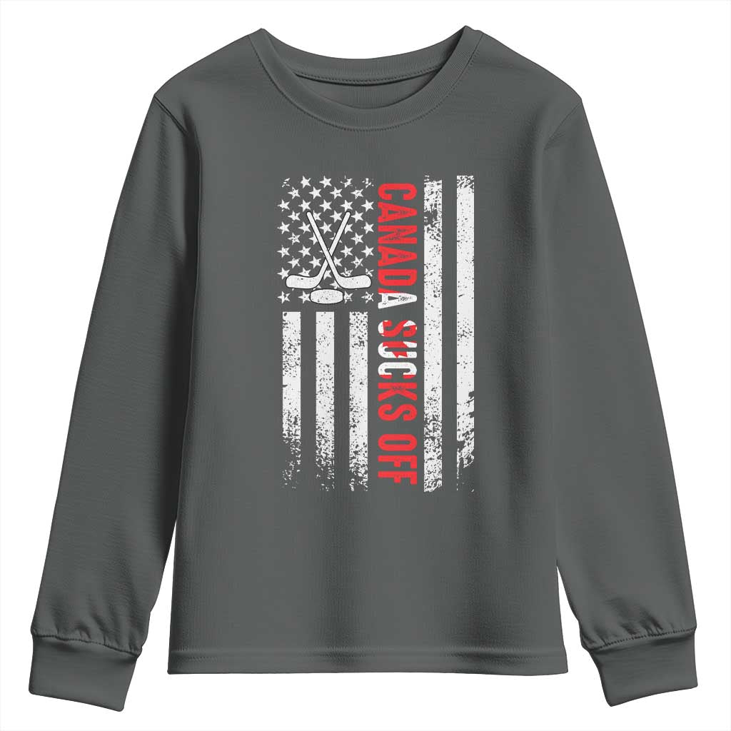 USA Flag Hockey Youth Sweatshirt Funny Canada Sucks US EH American Flag TS02 Dark Heather Print Your Wear