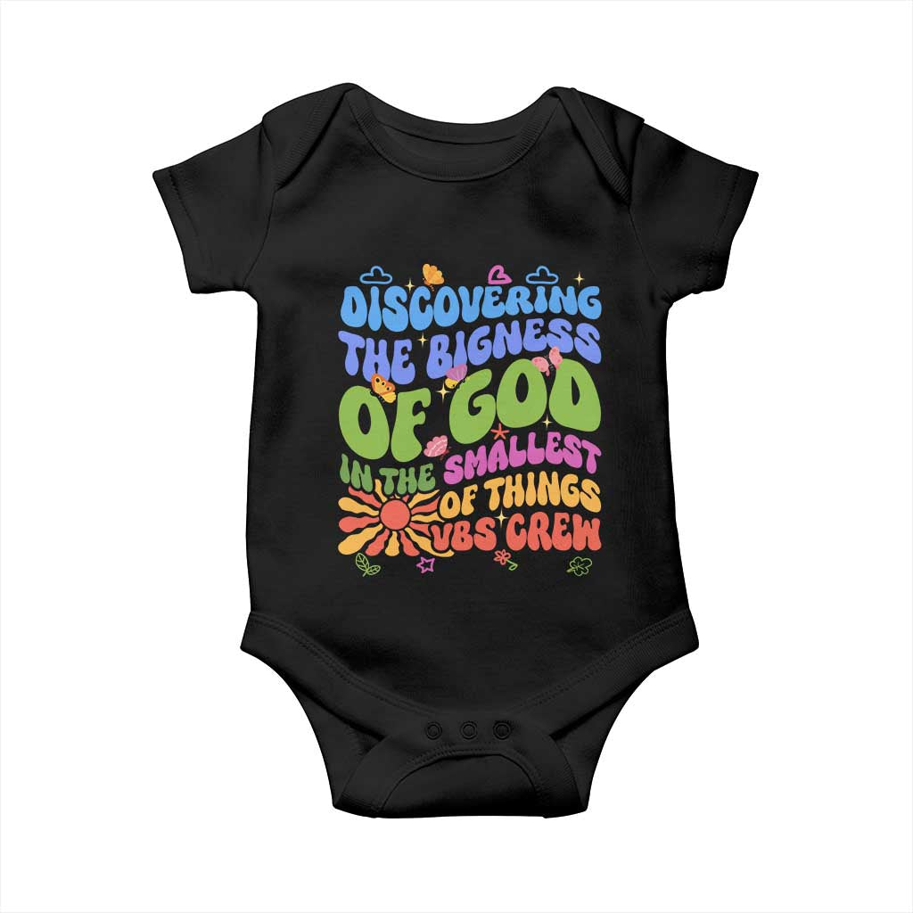 VBS 2025 Baby Onesie Discovering The Bigness Of God In The Smallest Of Things Retro Groovy TS02 Black Print Your Wear