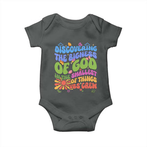 VBS 2025 Baby Onesie Discovering The Bigness Of God In The Smallest Of Things Retro Groovy TS02 Dark Heather Print Your Wear