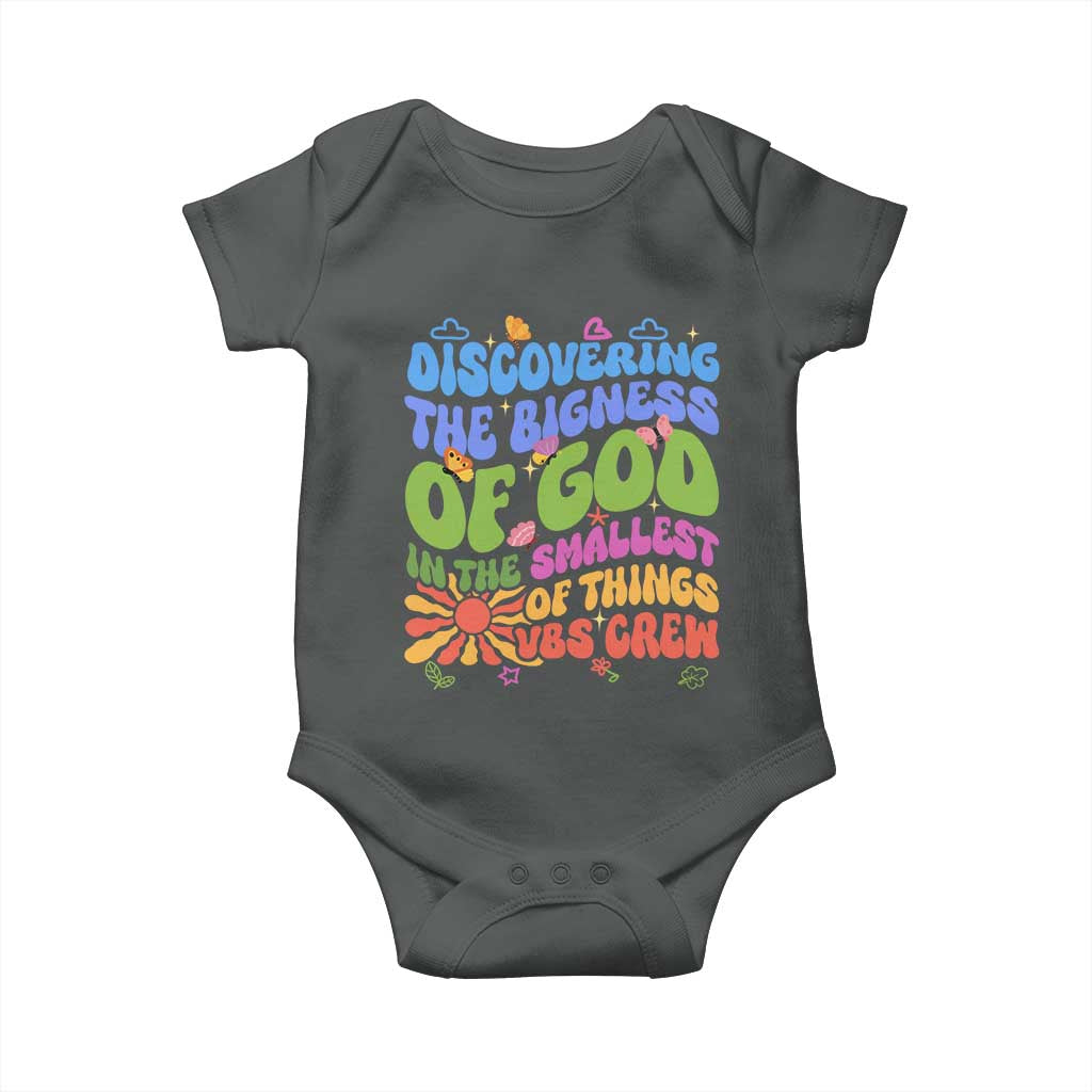 VBS 2025 Baby Onesie Discovering The Bigness Of God In The Smallest Of Things Retro Groovy TS02 Dark Heather Print Your Wear