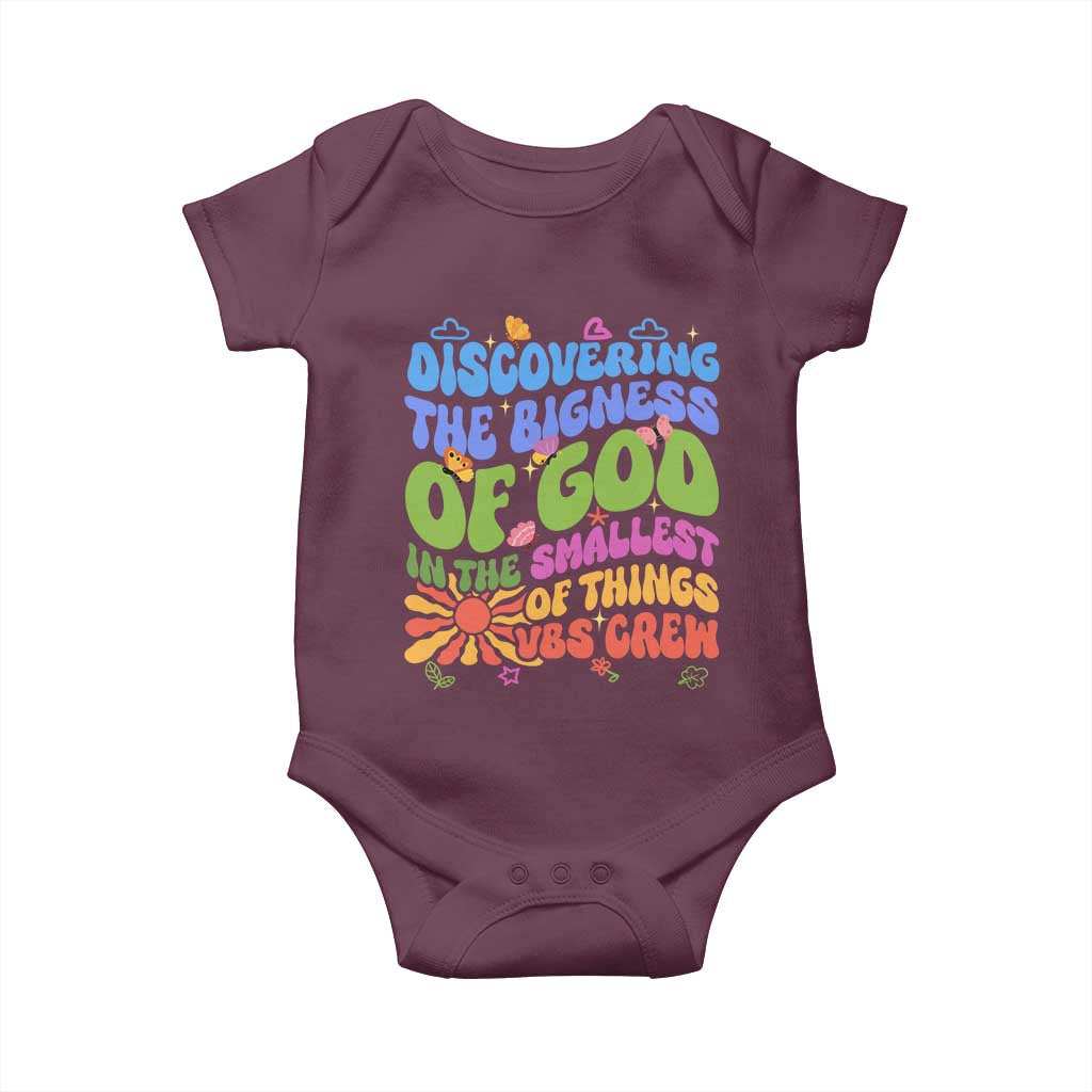 VBS 2025 Baby Onesie Discovering The Bigness Of God In The Smallest Of Things Retro Groovy TS02 Maroon Print Your Wear