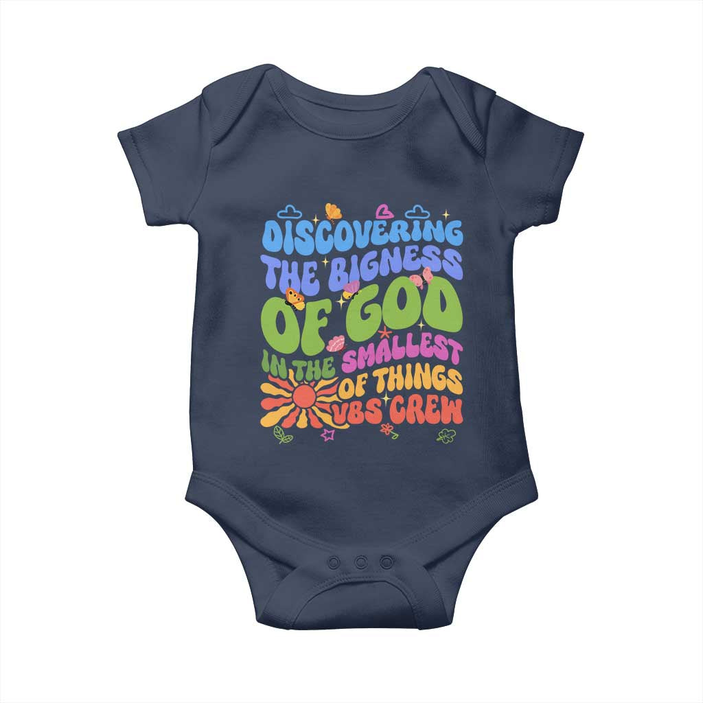 VBS 2025 Baby Onesie Discovering The Bigness Of God In The Smallest Of Things Retro Groovy TS02 Navy Print Your Wear